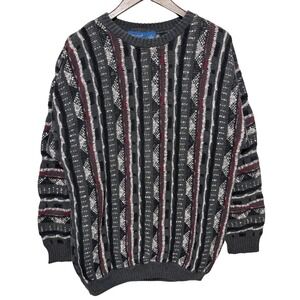 Vintage Towncraft Sweater Mens L Geometric Stripe 90s Knit Crewneck Pullover